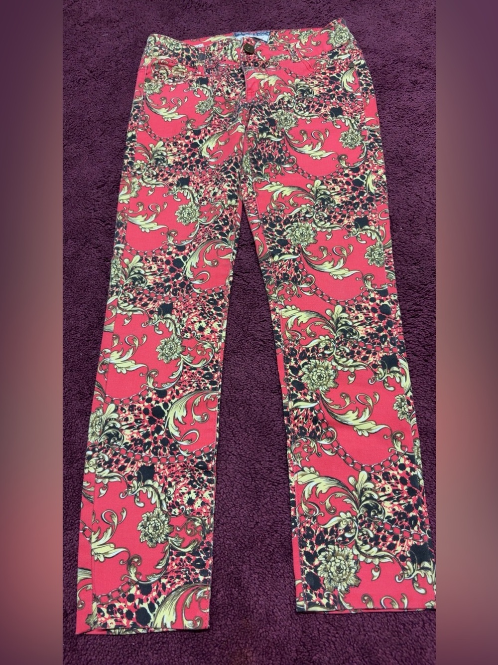 Hot Kiss Red Pink Floral Scroll Print Women’s Jeans
